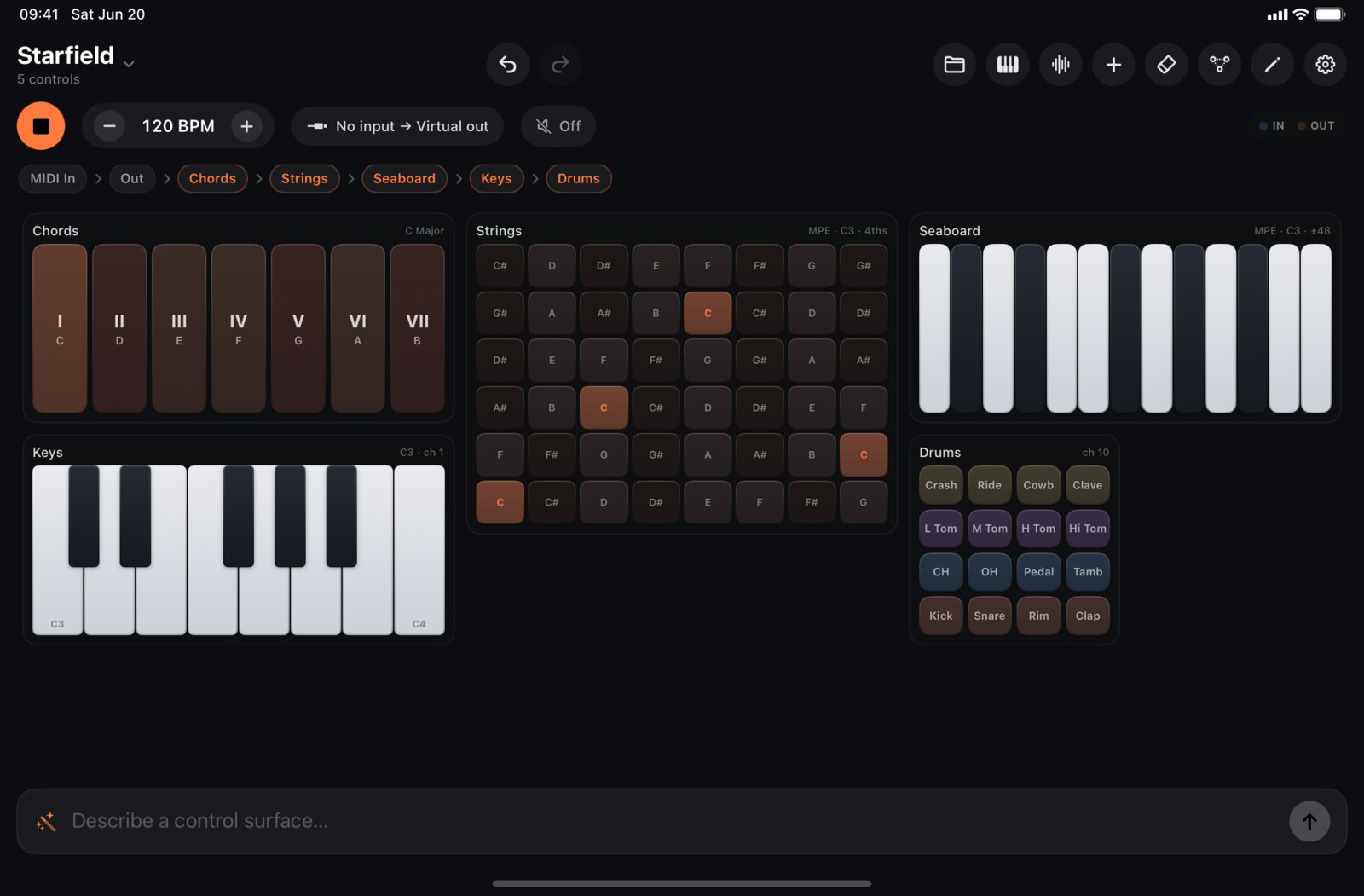 MIDIRack performance surface with chord pads, MPE strings, Seaboard, keys and drum pads