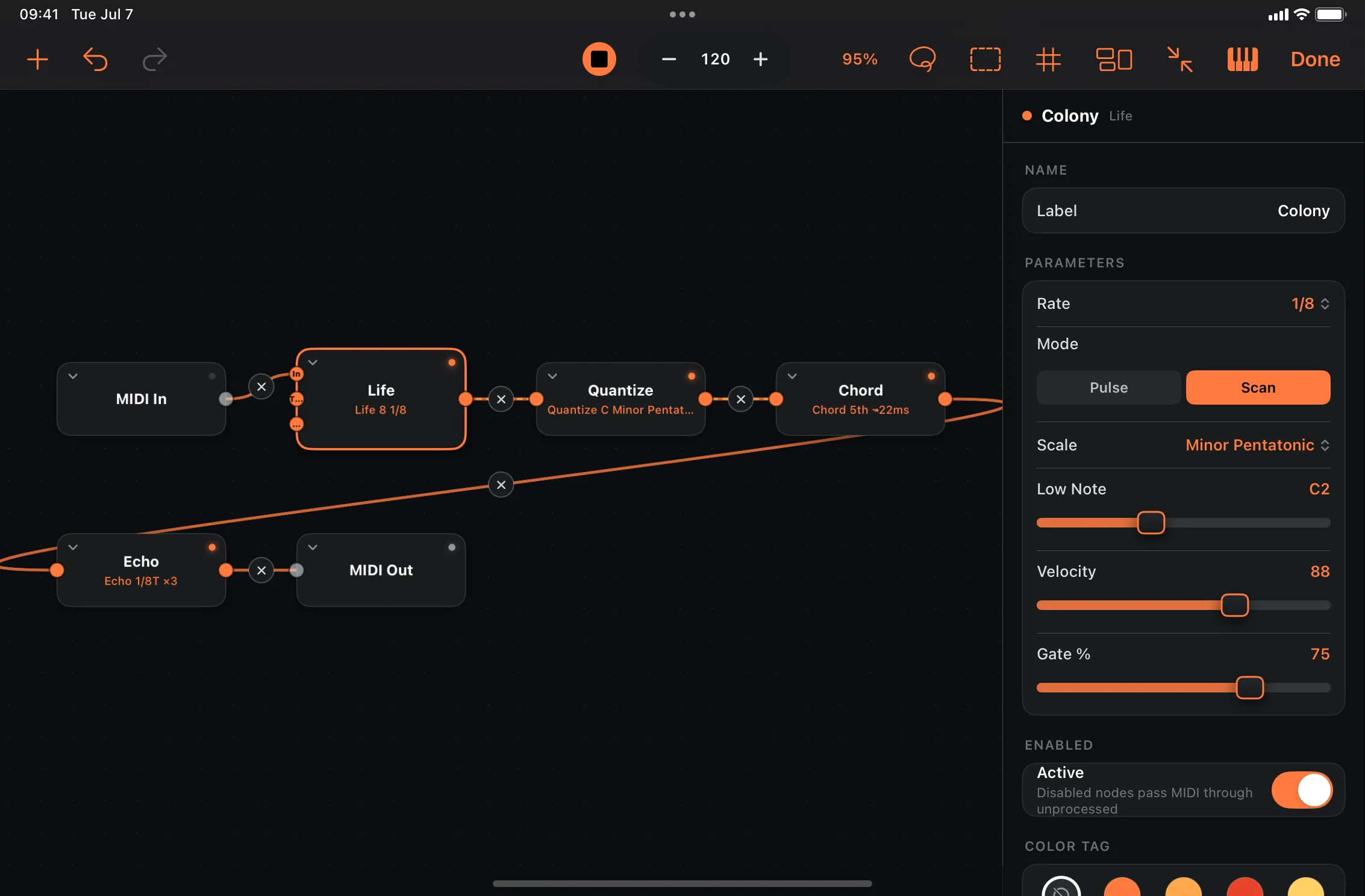 The MIDI graph: signal chains wired from MIDI In through processors to MIDI Out.