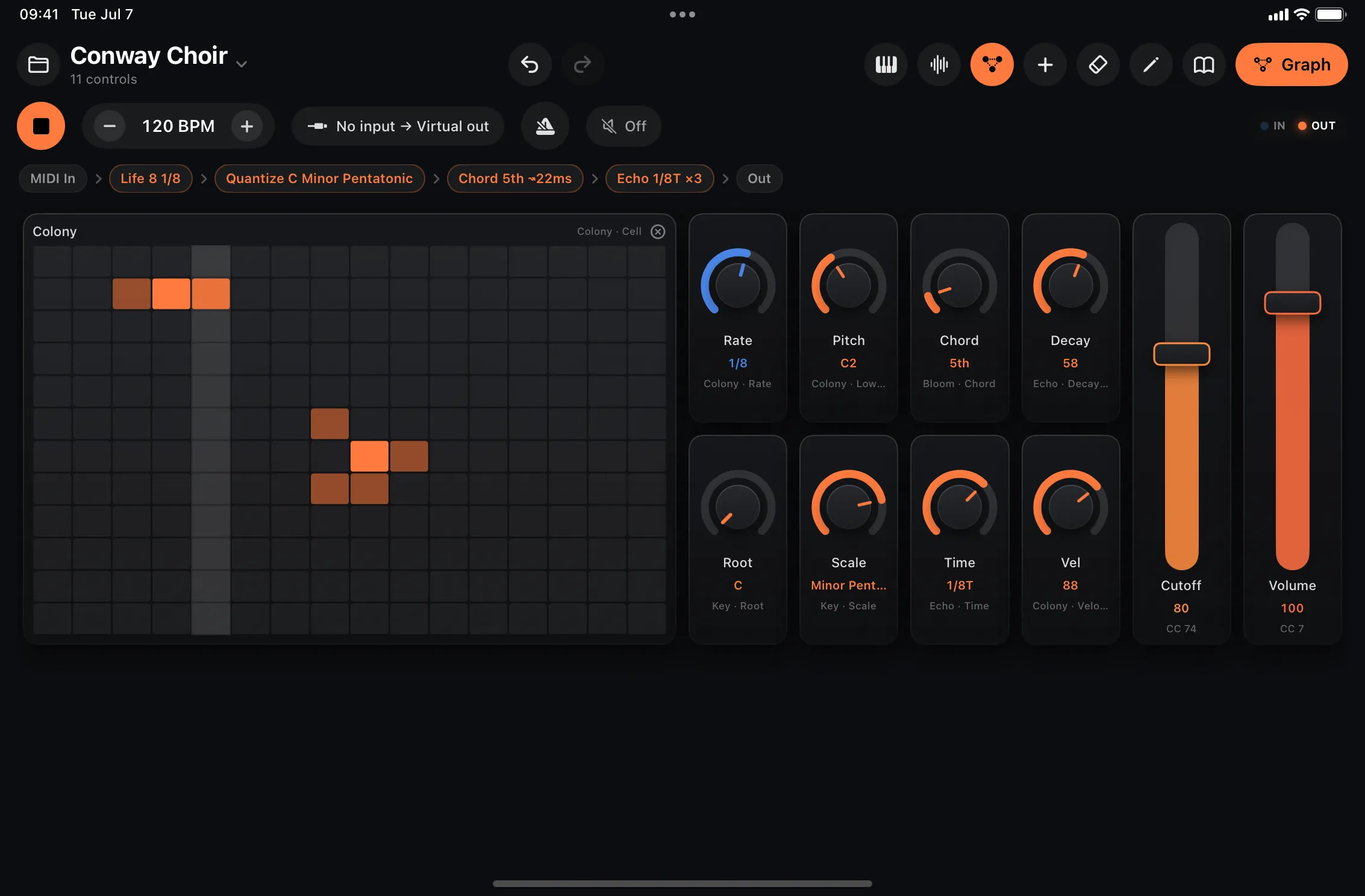 The Conway Choir factory patch: a Game of Life node driving quantized voices, with its colony grid visible on the surface.