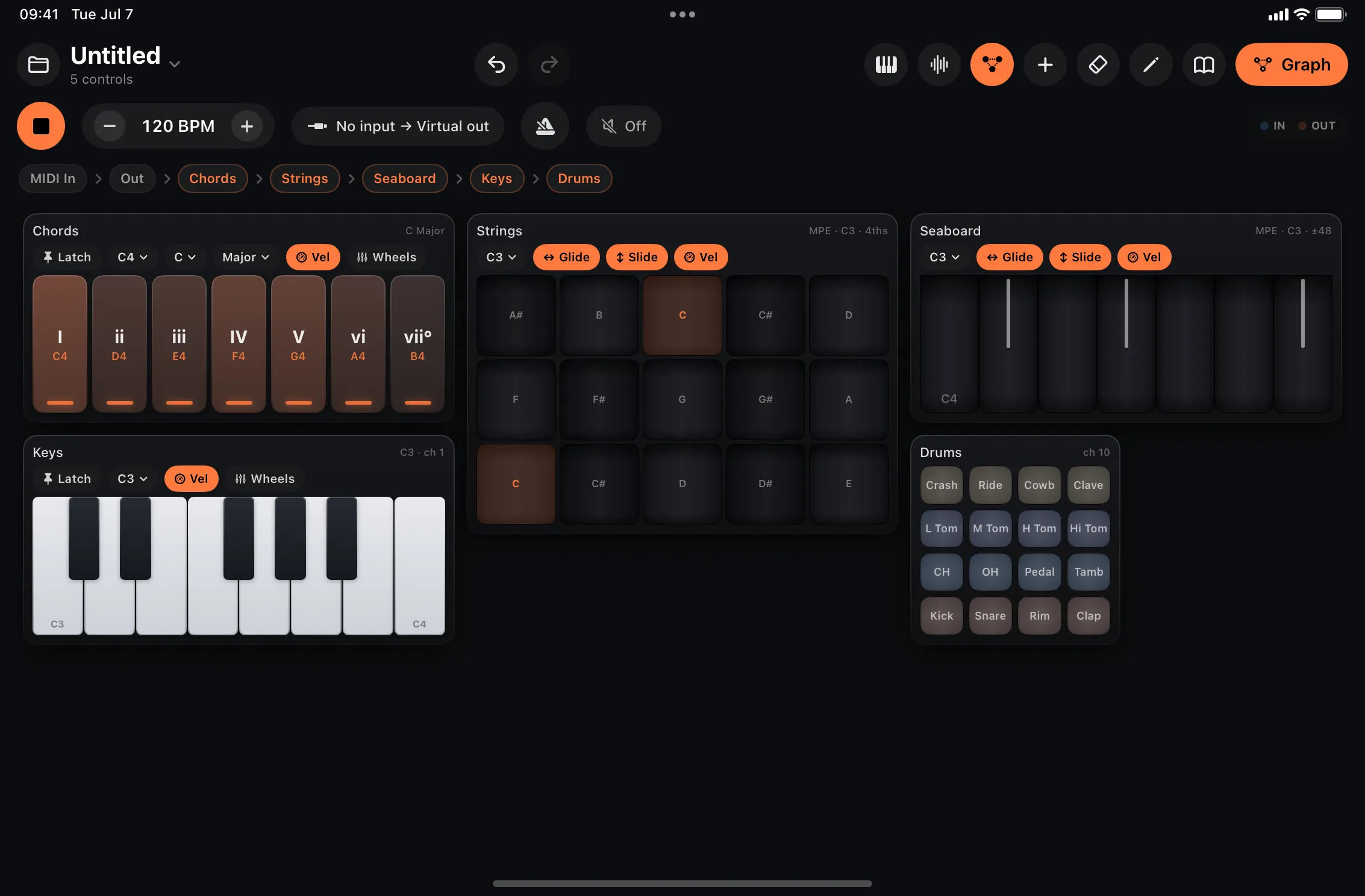 MIDIRack performance surface with piano, chord pads, MPE keyboards and drum pads.