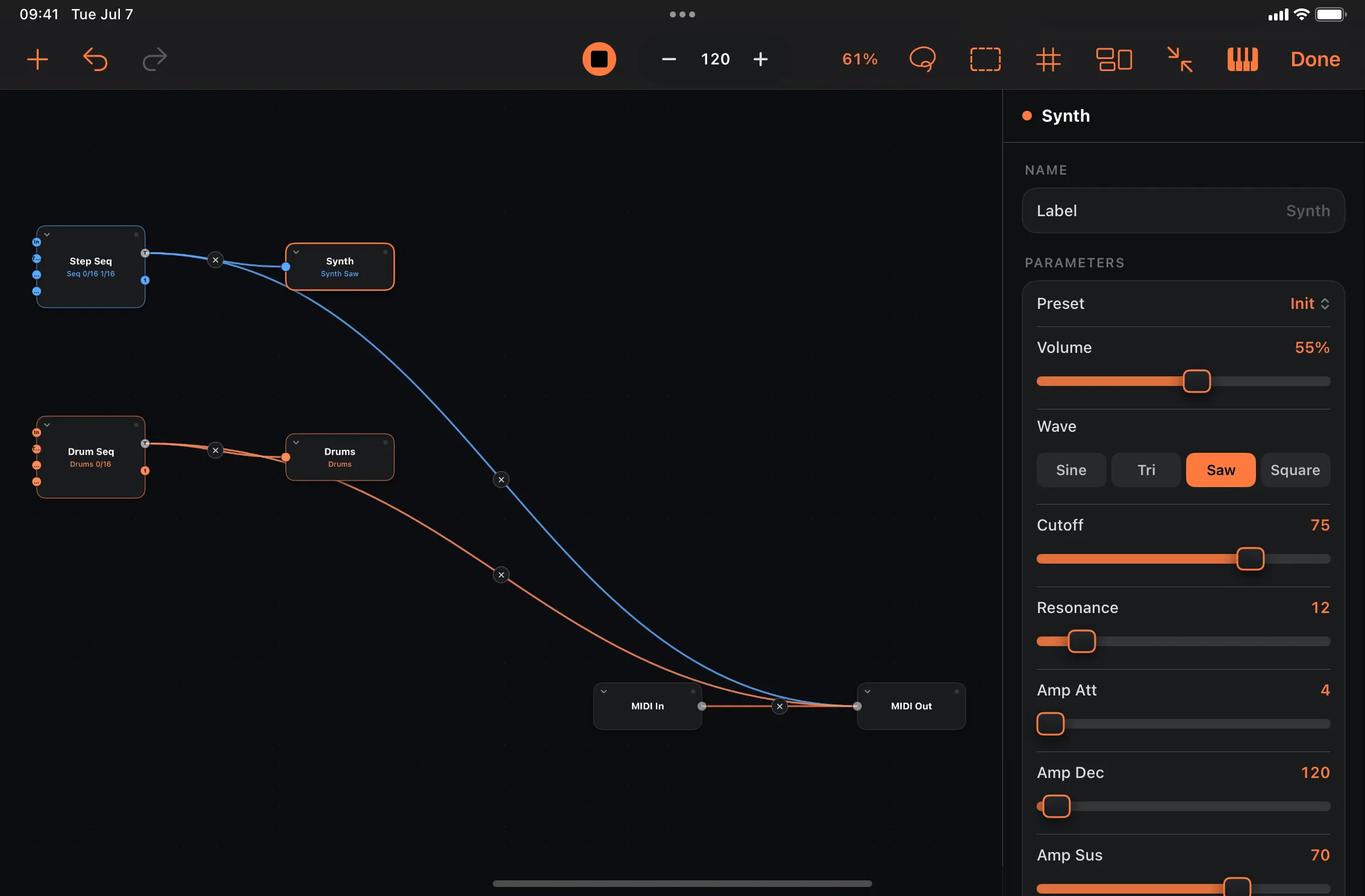 The graph editor with a Step Seq driving a Synth node and a Drum Seq driving a Drums node, the Synth's parameters open in the inspector.