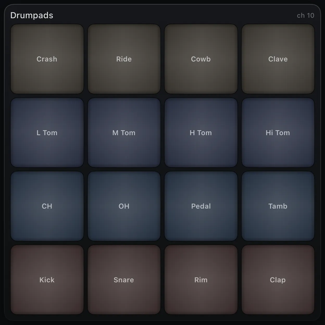 The drum pads control: a four-by-four grid of GM drum pads.