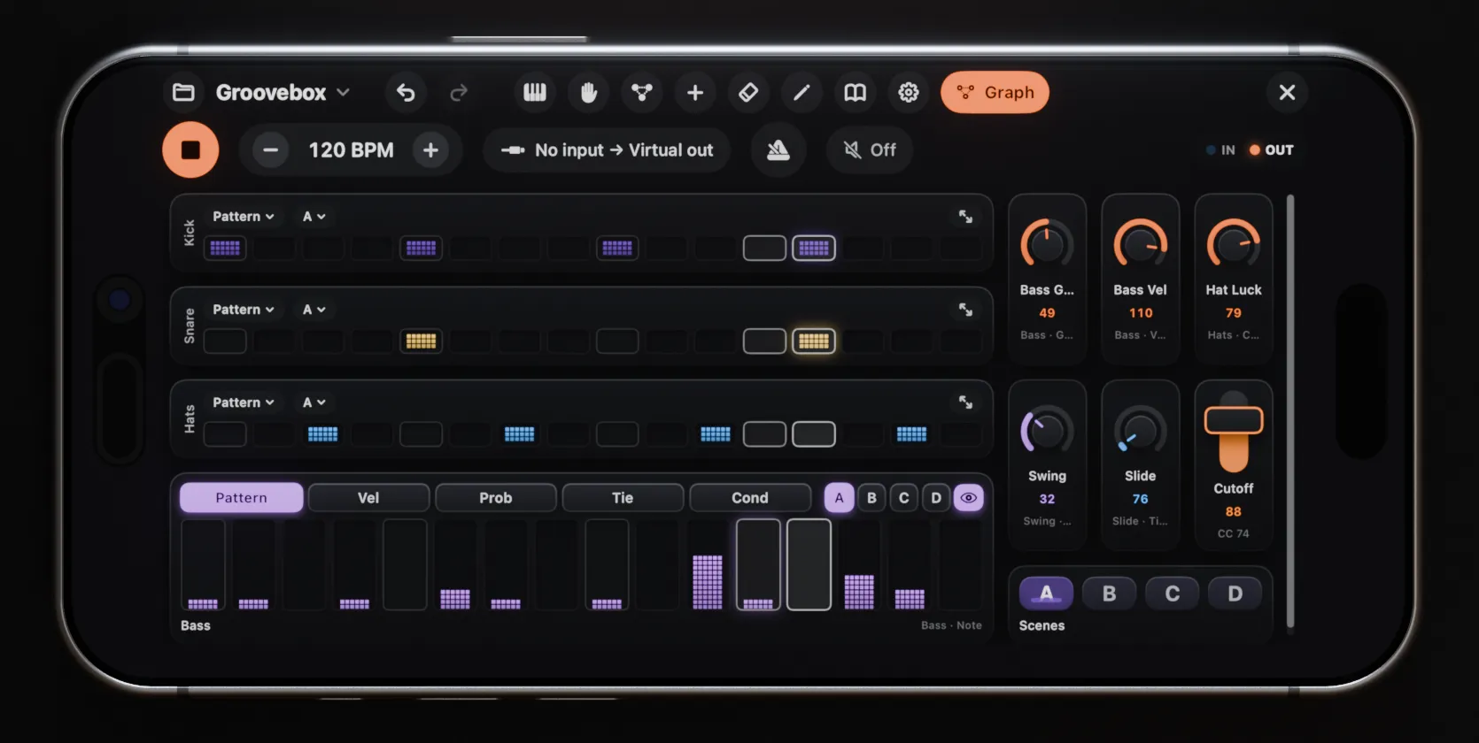 MIDIRack on iPhone, in landscape: the Groovebox factory patch with drum lanes, knobs and scene buttons.