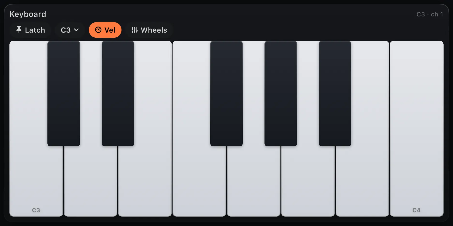 The piano keyboard control: two octaves of velocity-sensitive keys.