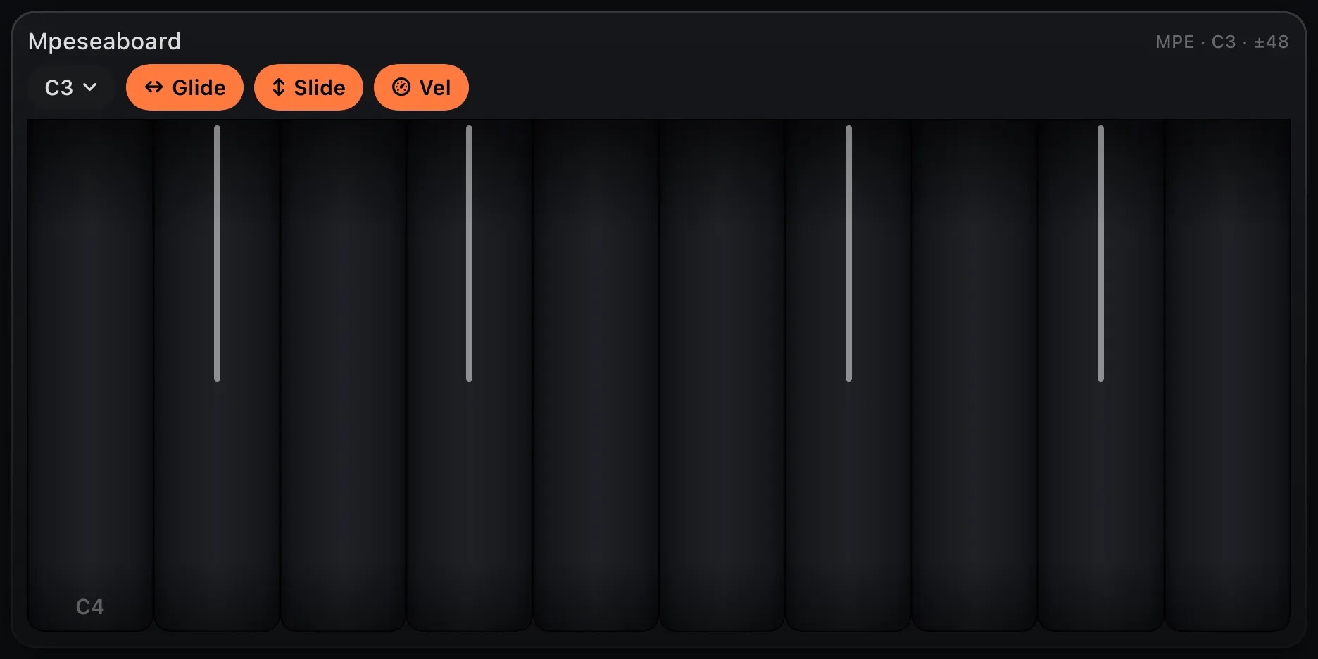The MPE Seaboard control: a continuous ribbon keyboard with glide, slide and velocity toggles.