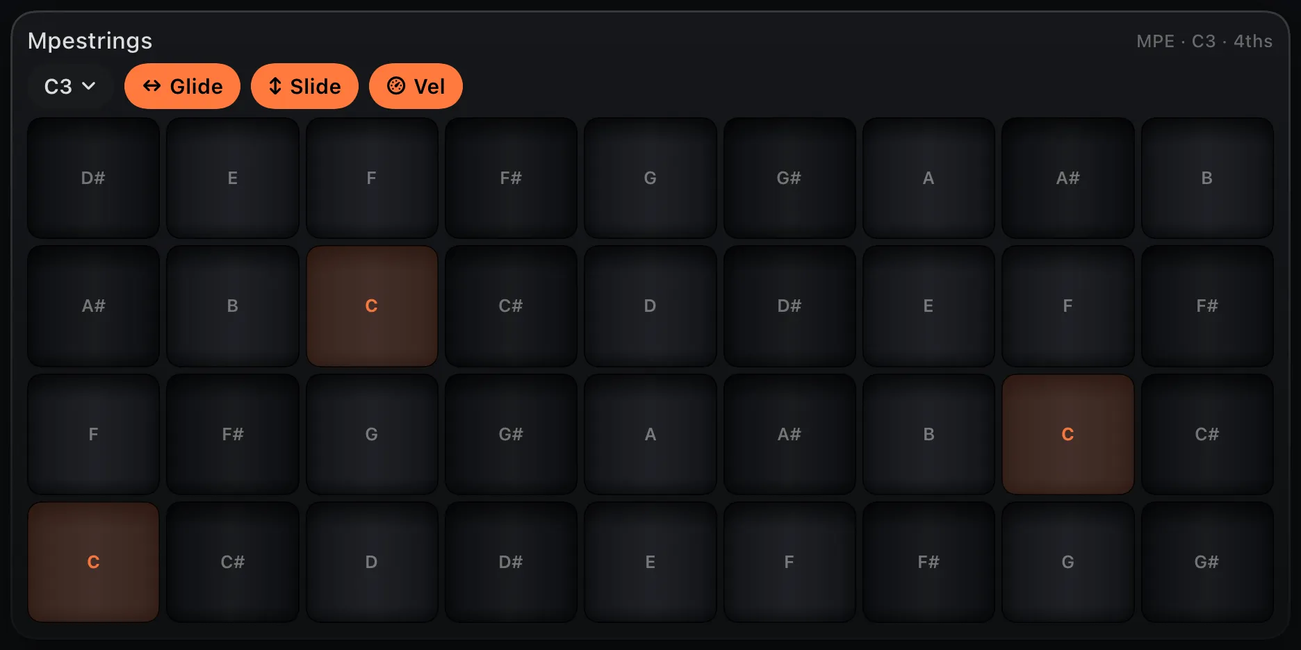 The MPE strings grid control: rows of pads tuned in fourths.