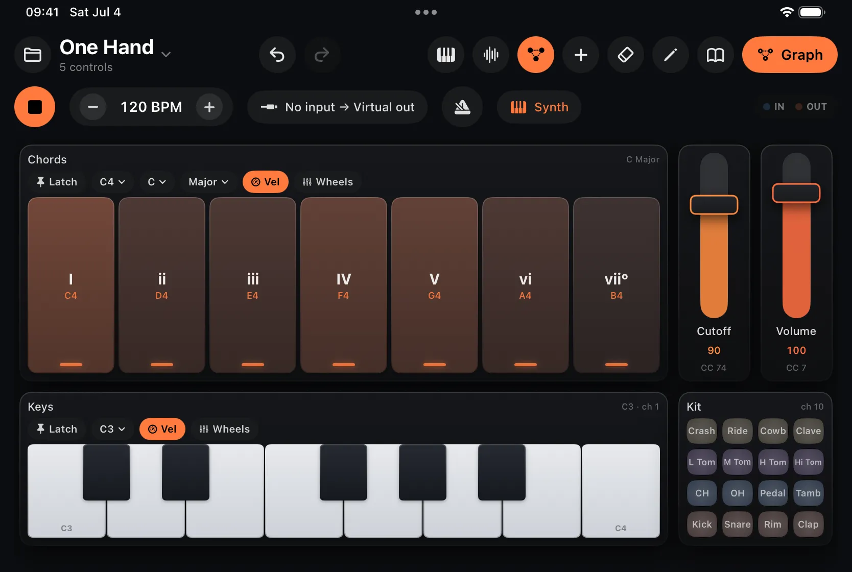 The One Hand patch: seven tall chord pads dominating the surface, with cutoff and volume faders at the right and a slim piano and drum kit along the bottom.