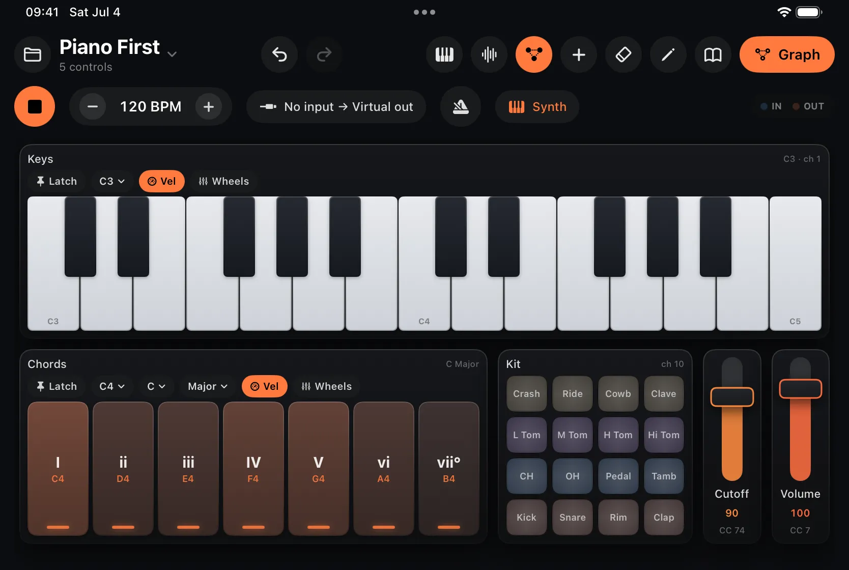 The Piano First patch: a full-width two-octave piano on top, with chord pads, a drum kit and two faders in a row beneath it.