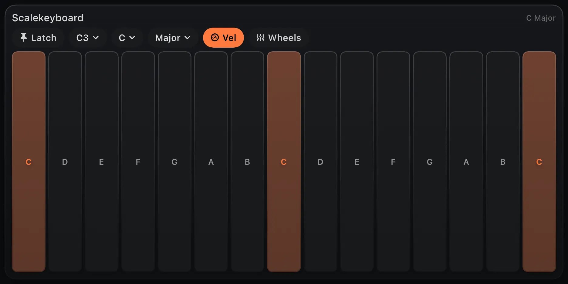 The scale keyboard control: evenly spaced bars locked to the current scale.
