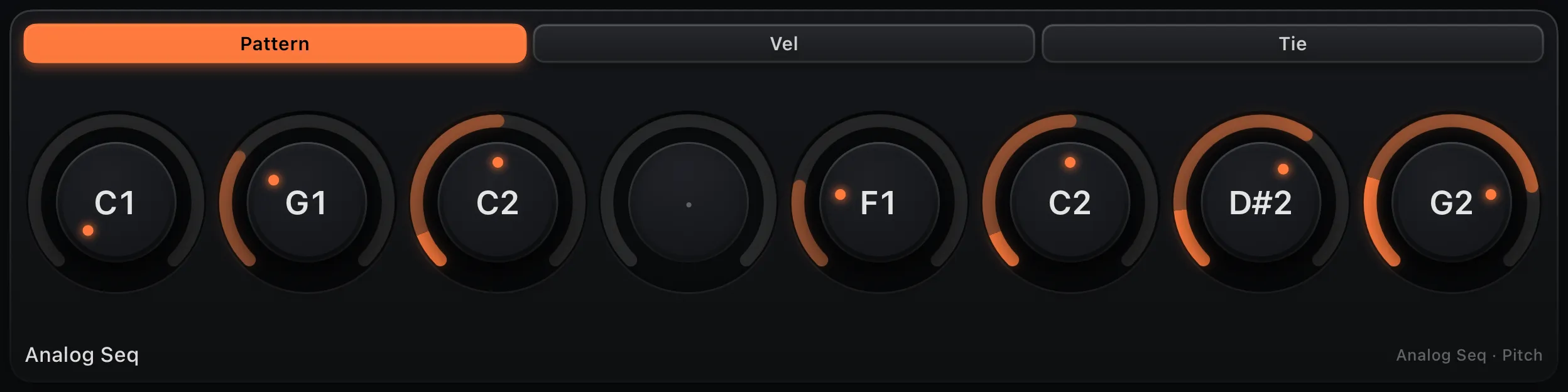 The analog sequencer lane: eight pitch knobs above a root, with accent and slide layers.