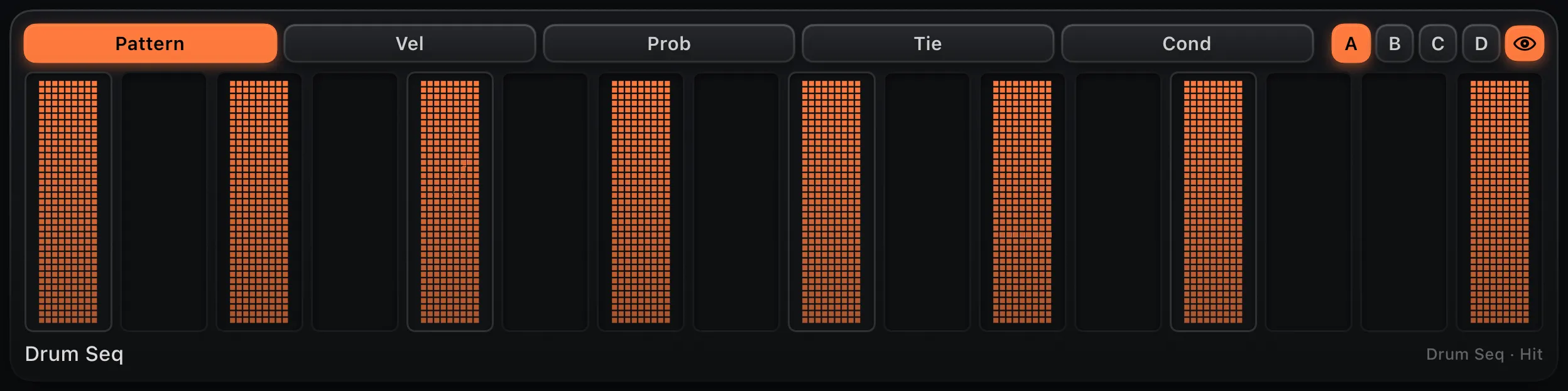A 16-step drum sequencer lane with a moving playhead.