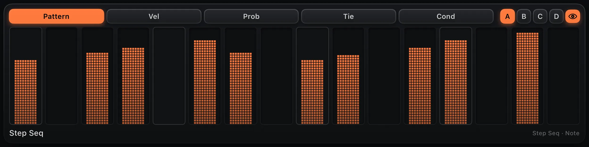 A melody step sequencer lane with per-step pitches.