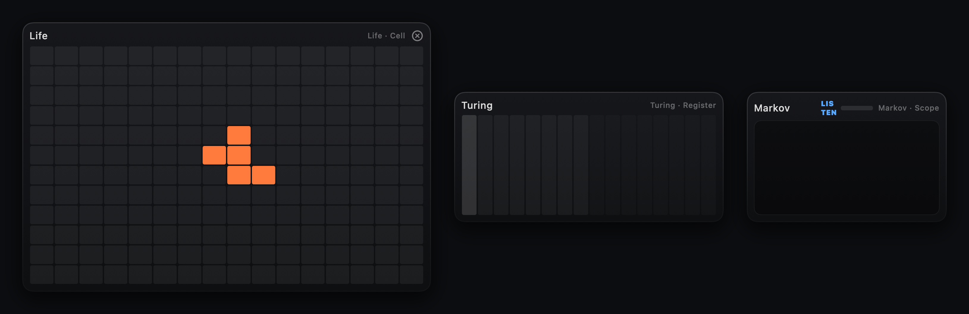 Game of Life colony, Turing register and an emergence scope