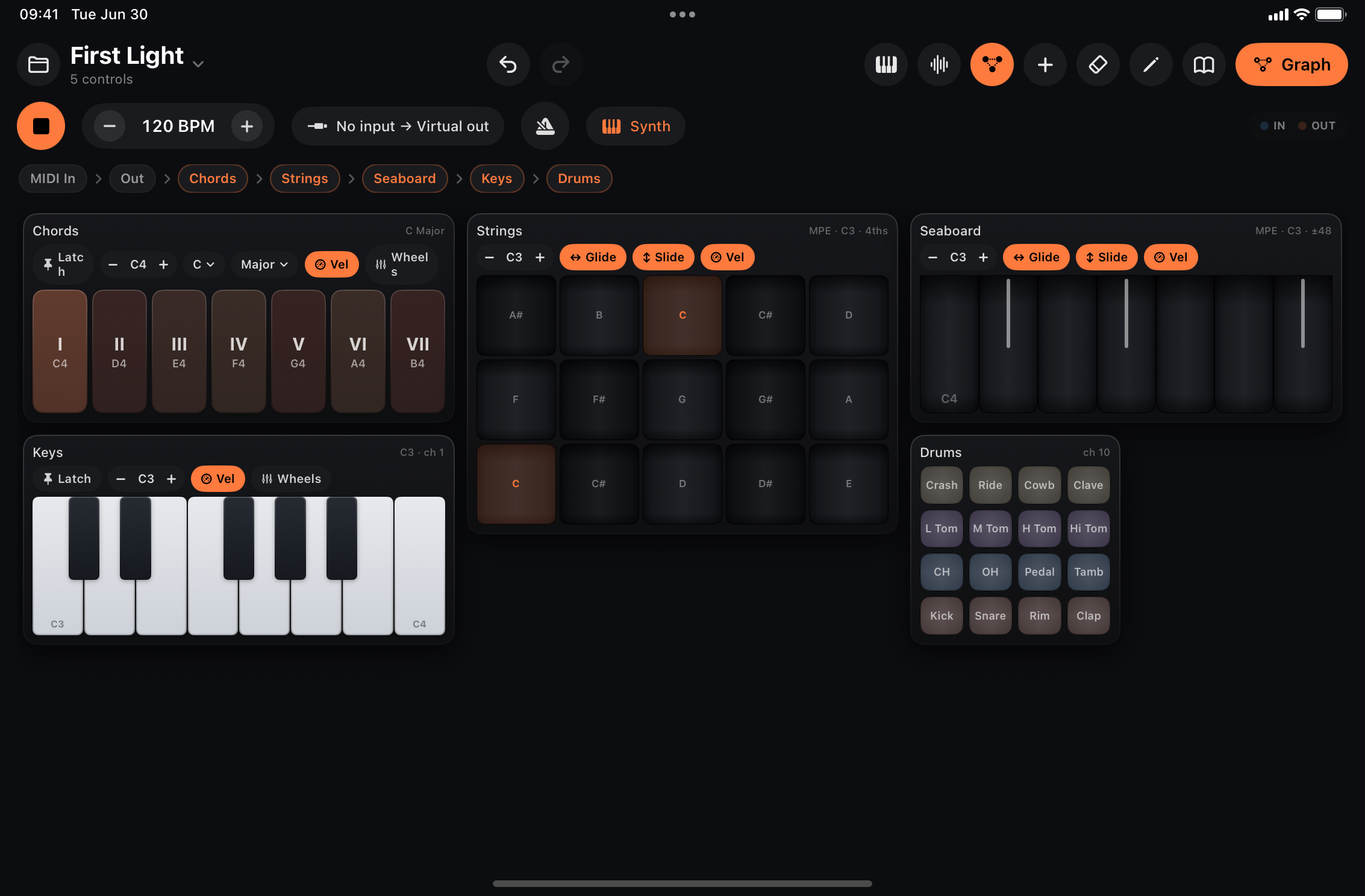 Performance keyboards — piano, drum pads, chord pads and MPE surfaces