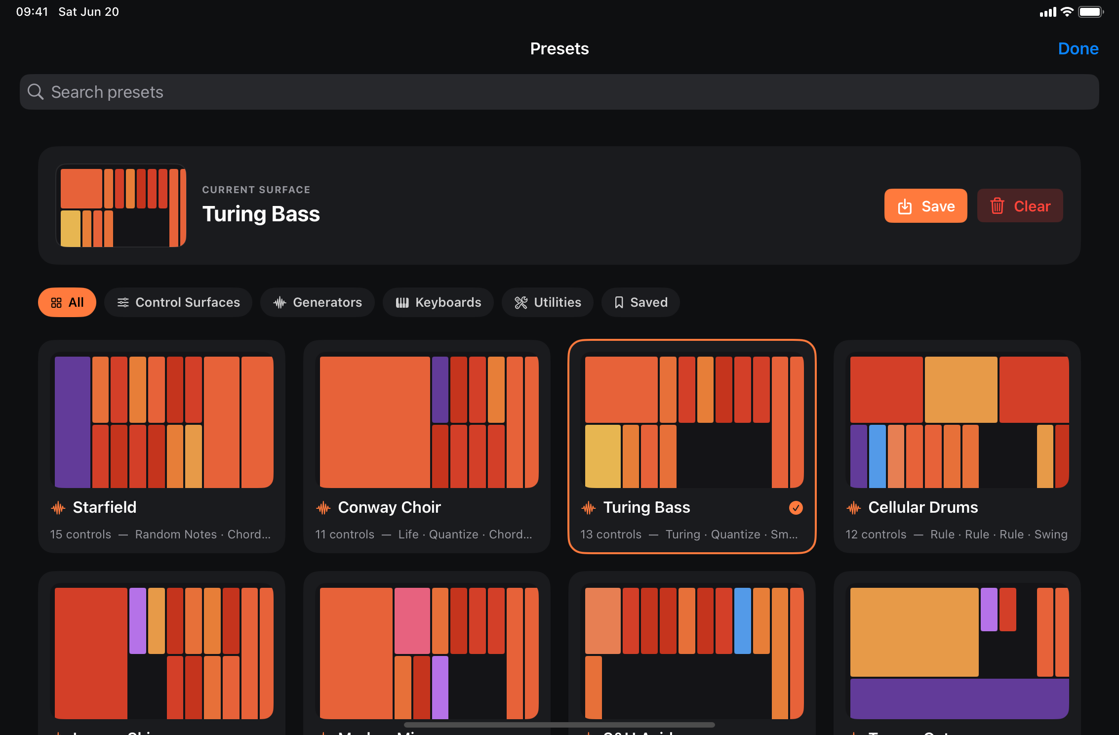 Preset browser — search, filters and layout miniatures